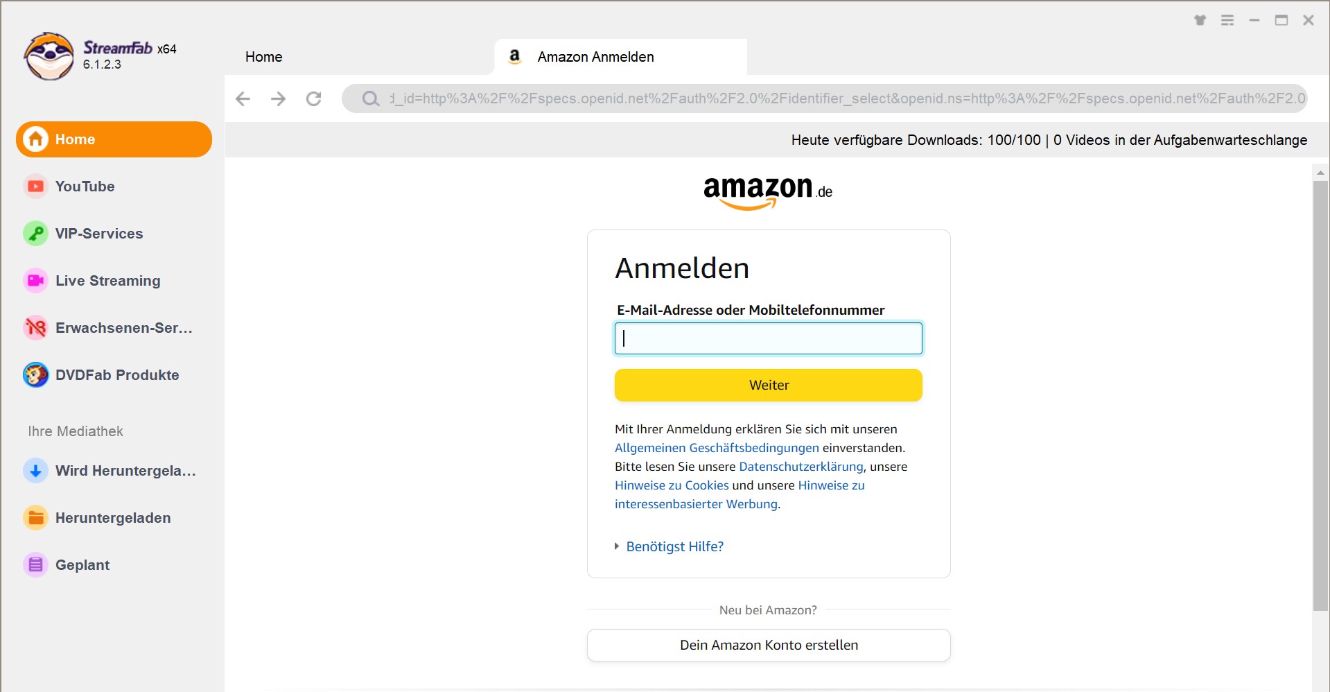 Amazon Prime Filme nach dem Anmelden mit Amazon Konto herunterladen