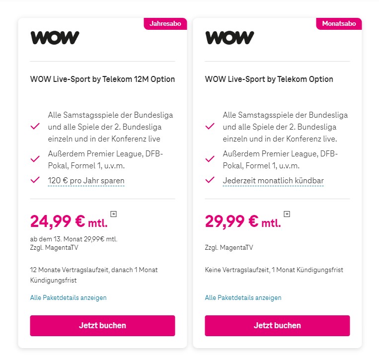 Sky Pakete und Kosten bei Magenta TV: WOW Live-Sport