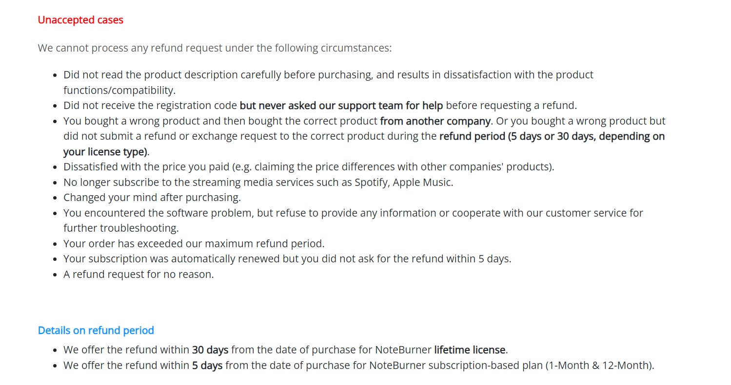 Noteburner refund policy