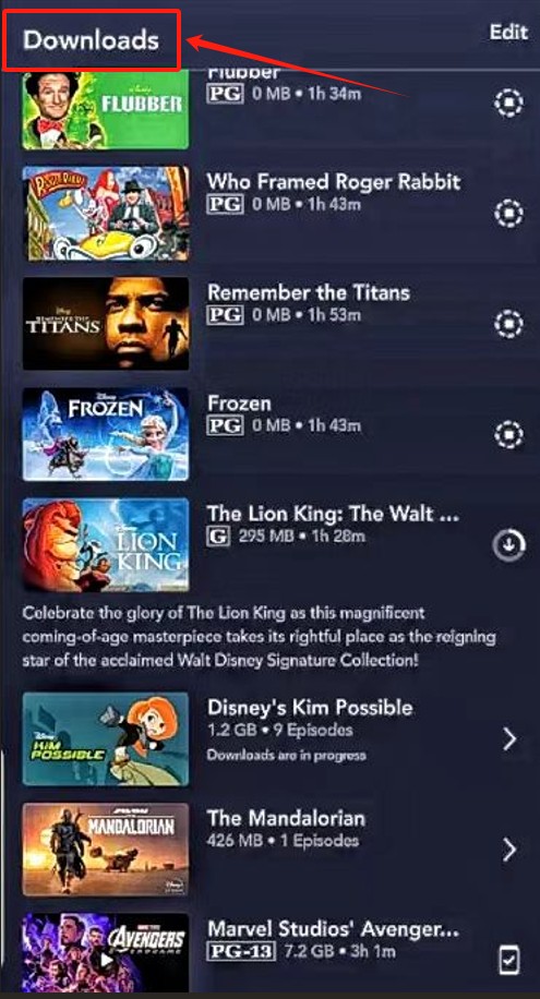 the Downloads tab of Disney Plus