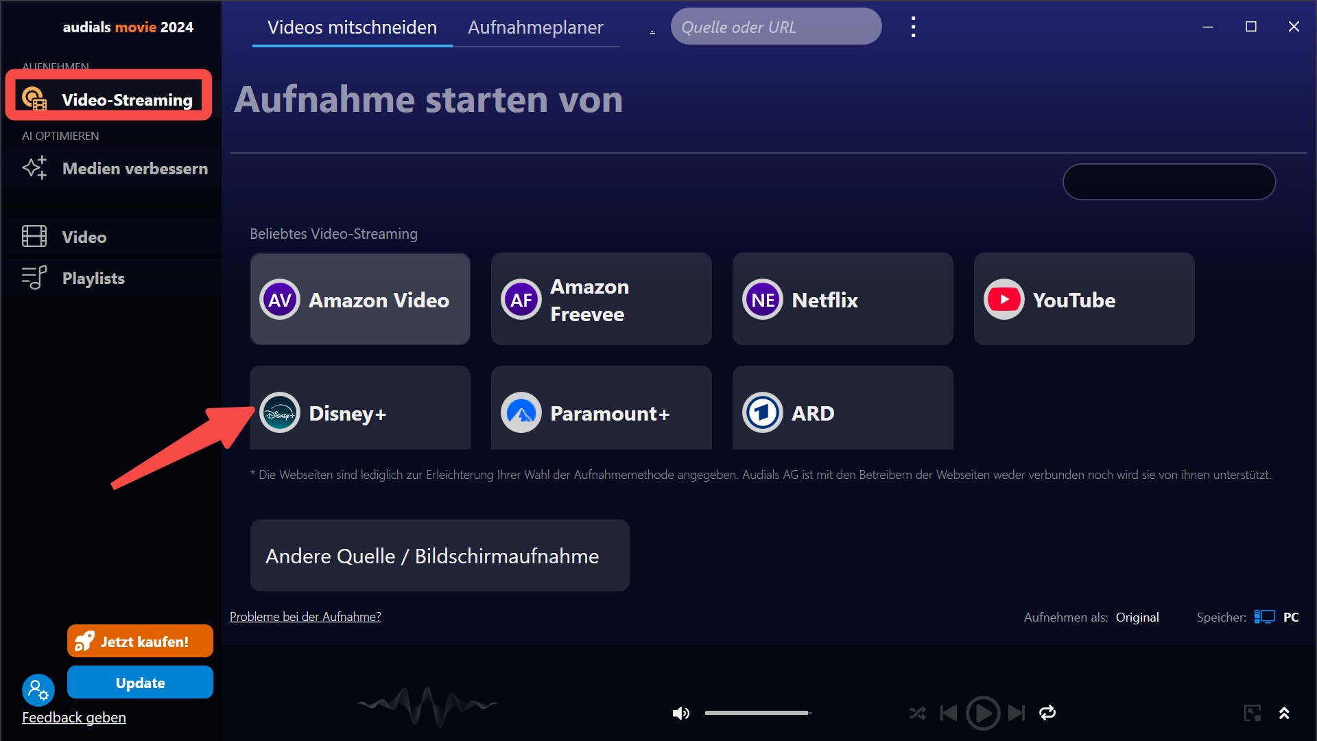 Schritte zur Aufnahme der Streaming-Videos mit Audials Movie