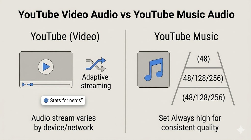 comparing adaptive audio on YouTube videos with tier-based audio quality settings on YouTube Music