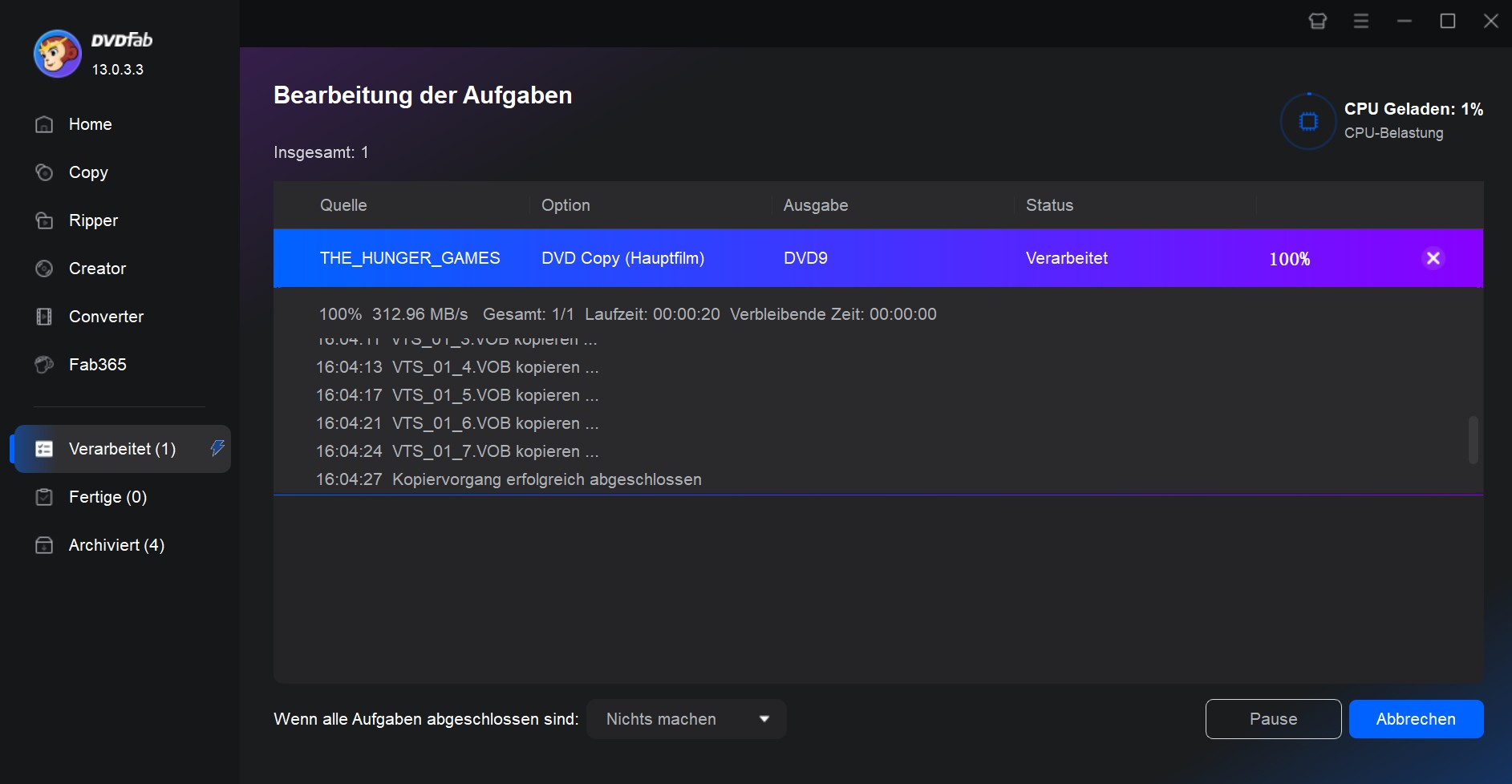 Klicken Sie auf Starten und lassen Sie das Programm die DVD kopieren