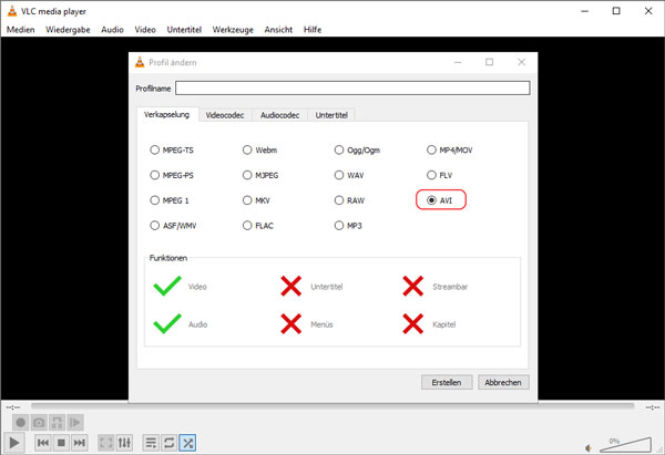  VLC Media Player: AVI auswählen