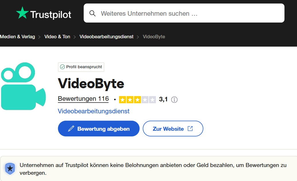 Videobyte-Bewertung auf Trustpilot