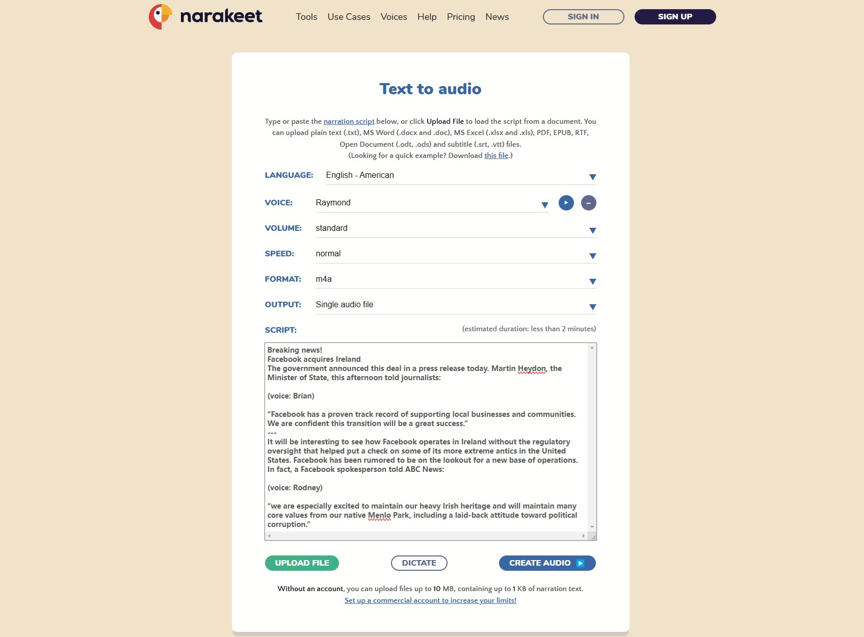 Detailed steps to to make Text-to-Speech with Narakeet